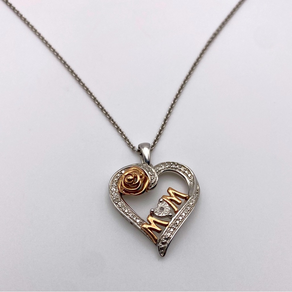 Sterling Silver 925 Rose Gold Floral Mom Gemstone Heart Pendant Necklace